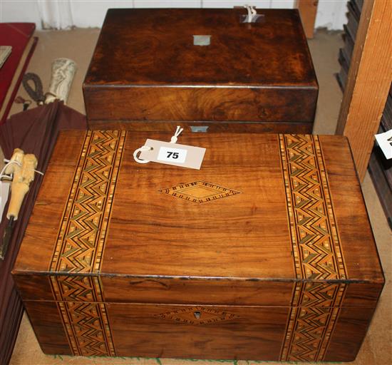 Victorian walnut and parquetry-inlaid writing slope & another walnut box (a.f)